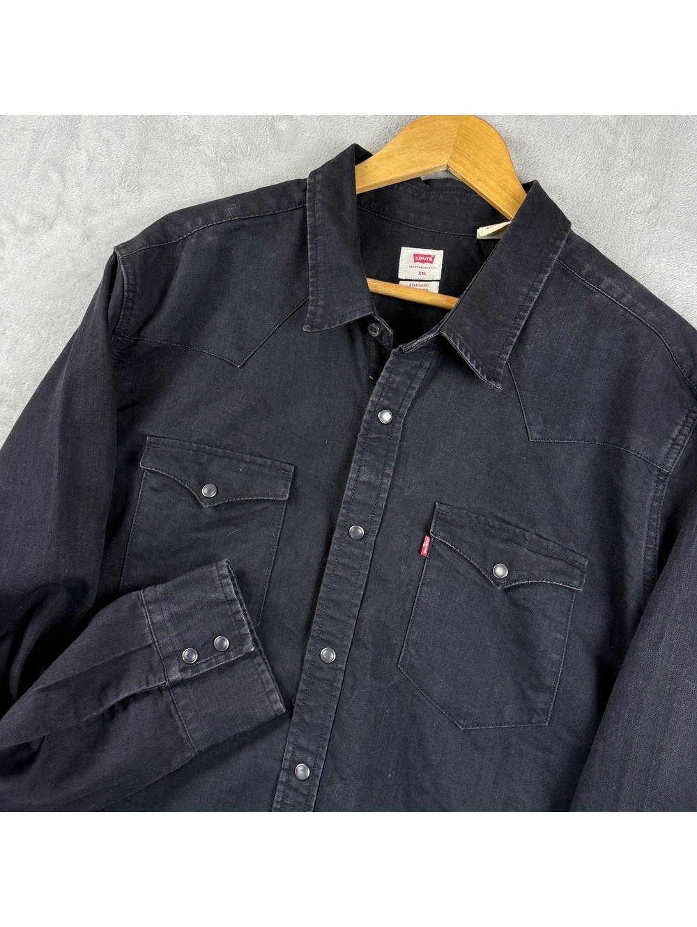 Levis Mens XXL Black Denim Western Shirt Pearl Snap Long Sleeve Cowboy Workwear